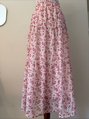Tiered Pink Floral Maxi Skirt with Elastic Waist Pockets Zipper Side